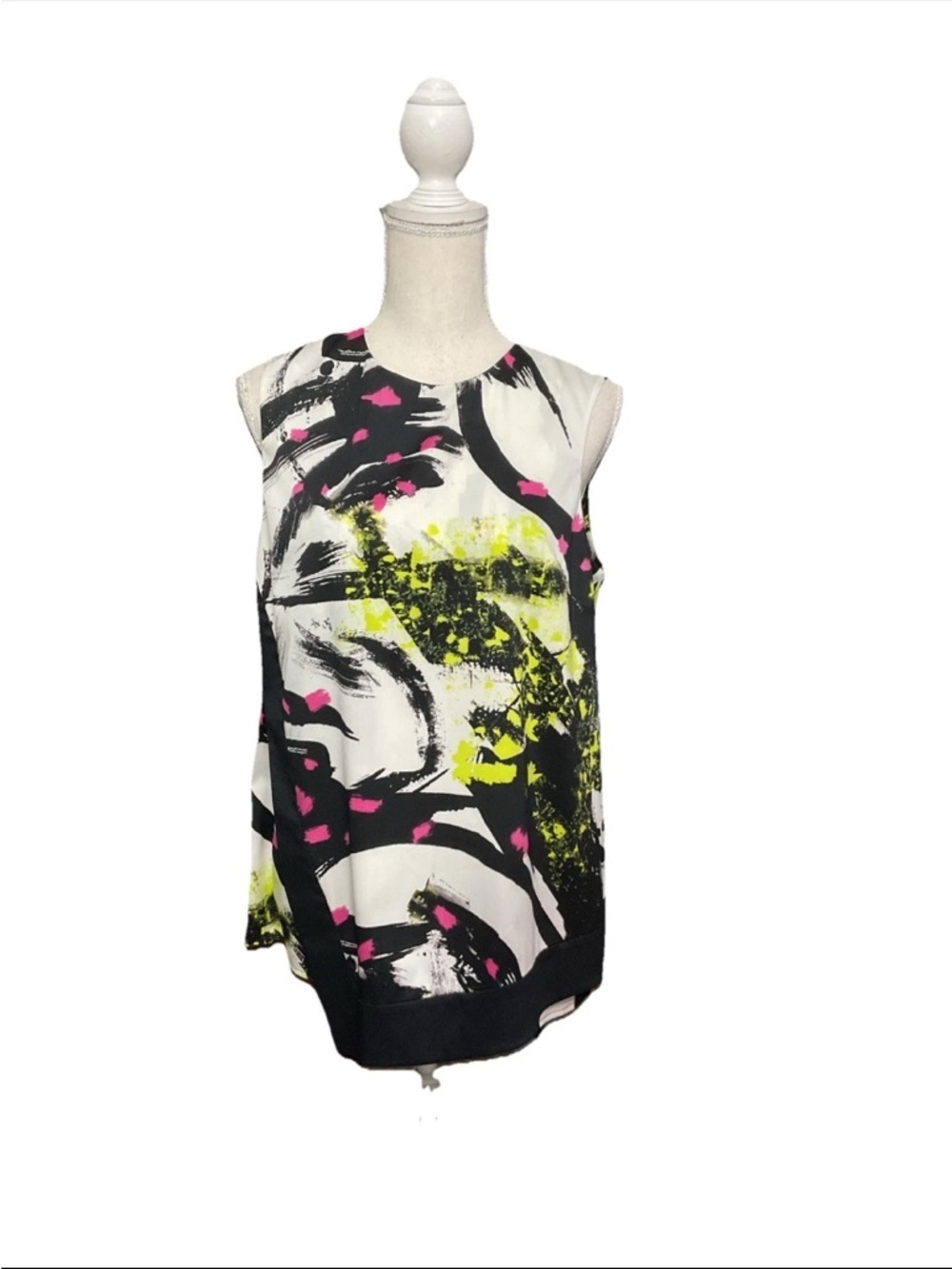 Calvin Klein Abstract Sleeveless Blouse in White, Black, Neon Yellow & Pink